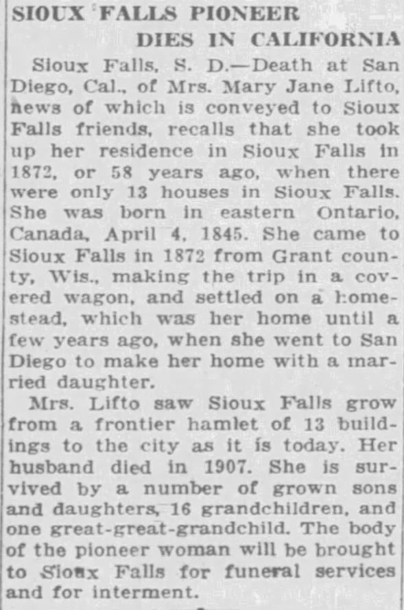 Obituary for Mary Jane Llfto